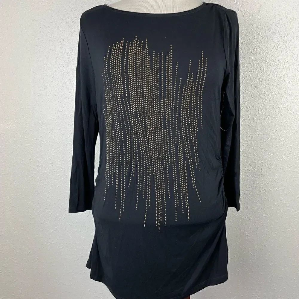 NWOT Kenneth Cole New York Black And Gold Tone Studded 3/4 Sleeve Shirt Size M